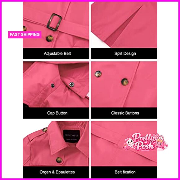 Polyester Trench Coat with Detachable Hood, Double-Breasted, Waterproof - Picture 6 of 6